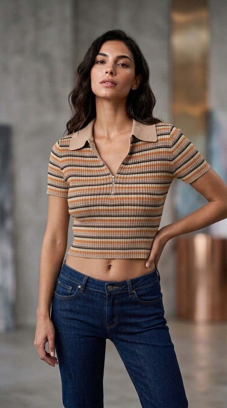 Sylvanna Collared Top Beige Stripe